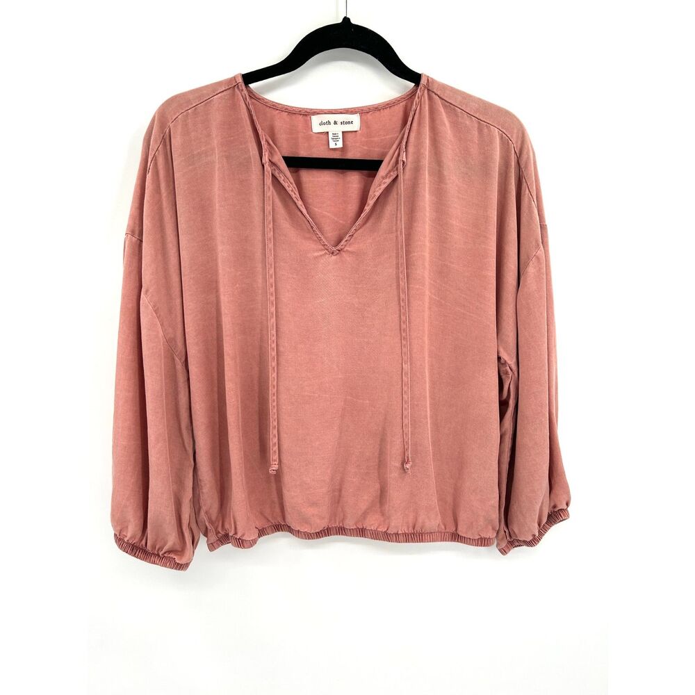 CLOTH & STONE Dusty Rose Pink Tencel Split Neck Tie Balloon Sleeve Blouse Small